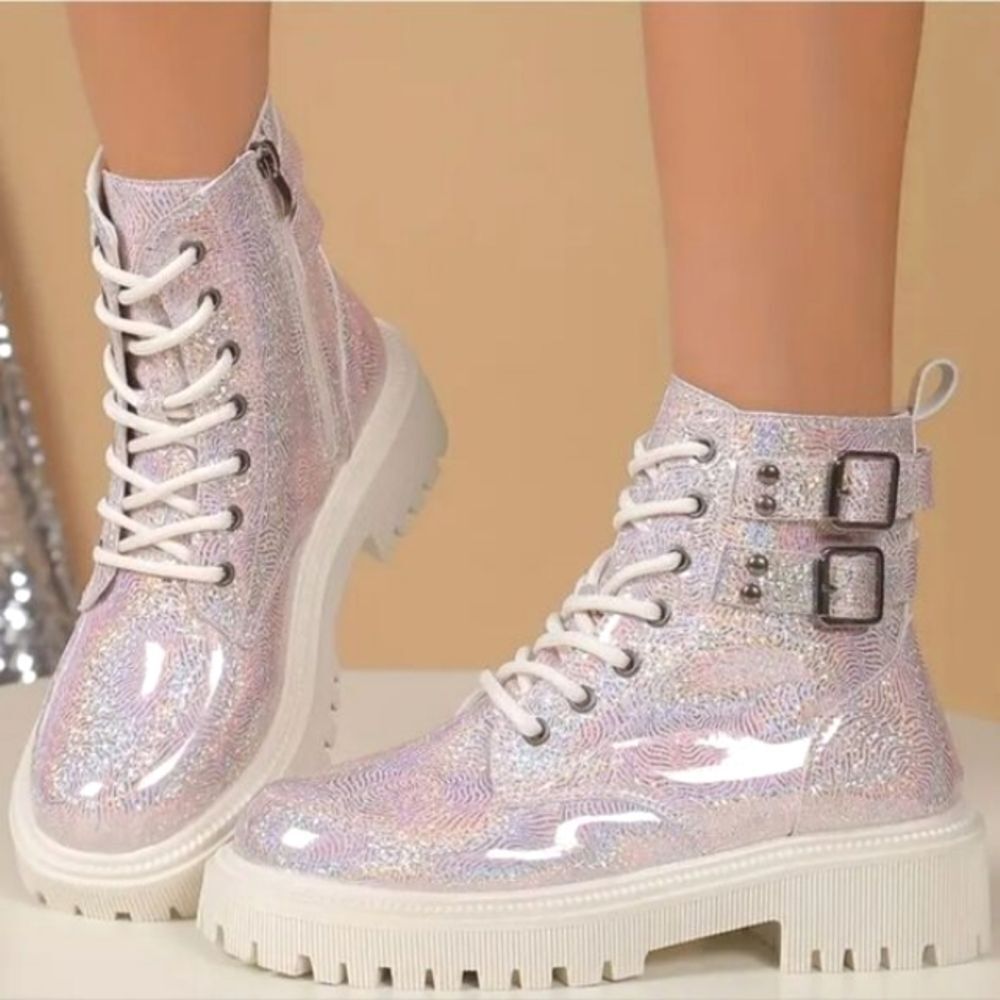 Ladies Pink sparkly platform combat boots sz 7